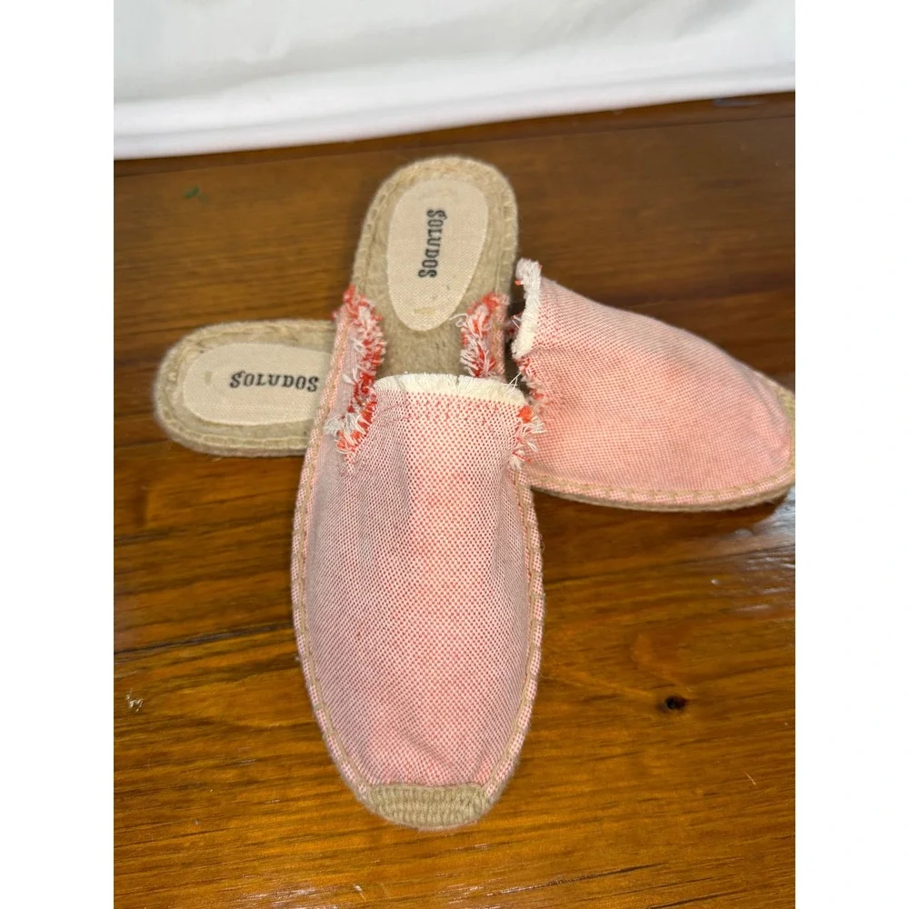 Soludos Womens Coral Pink Frayed Canvas Espadrille Mule Slides Size 8.5